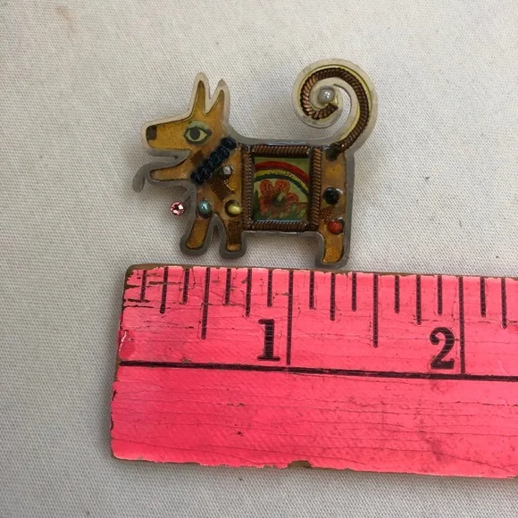 Seeka Dog Pin Art Deco Beaded Jewels Brooch Style Puppy Flowers Yellow Tone - Picture 12 of 12